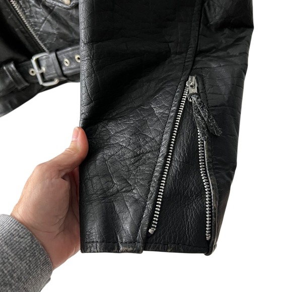 Mens Black Full Grain Leather Motorcycle Jacket Lace Up Sides Belt Size L - Picture 4 of 8